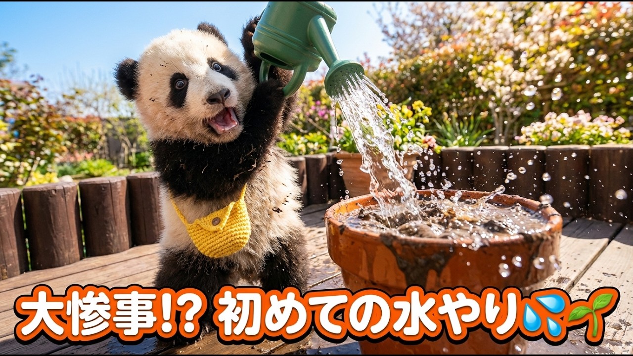 【激カワ】赤ちゃんパンダ、初めての水やりで大惨事！？慌てる姿が尊すぎる…🌱✨