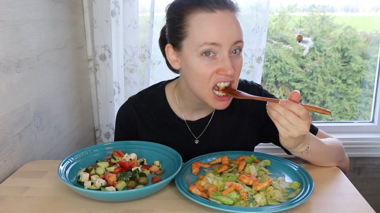 ASMR Whisper Eating Sounds | Scampi & Greek Salad | Mukbang 먹방