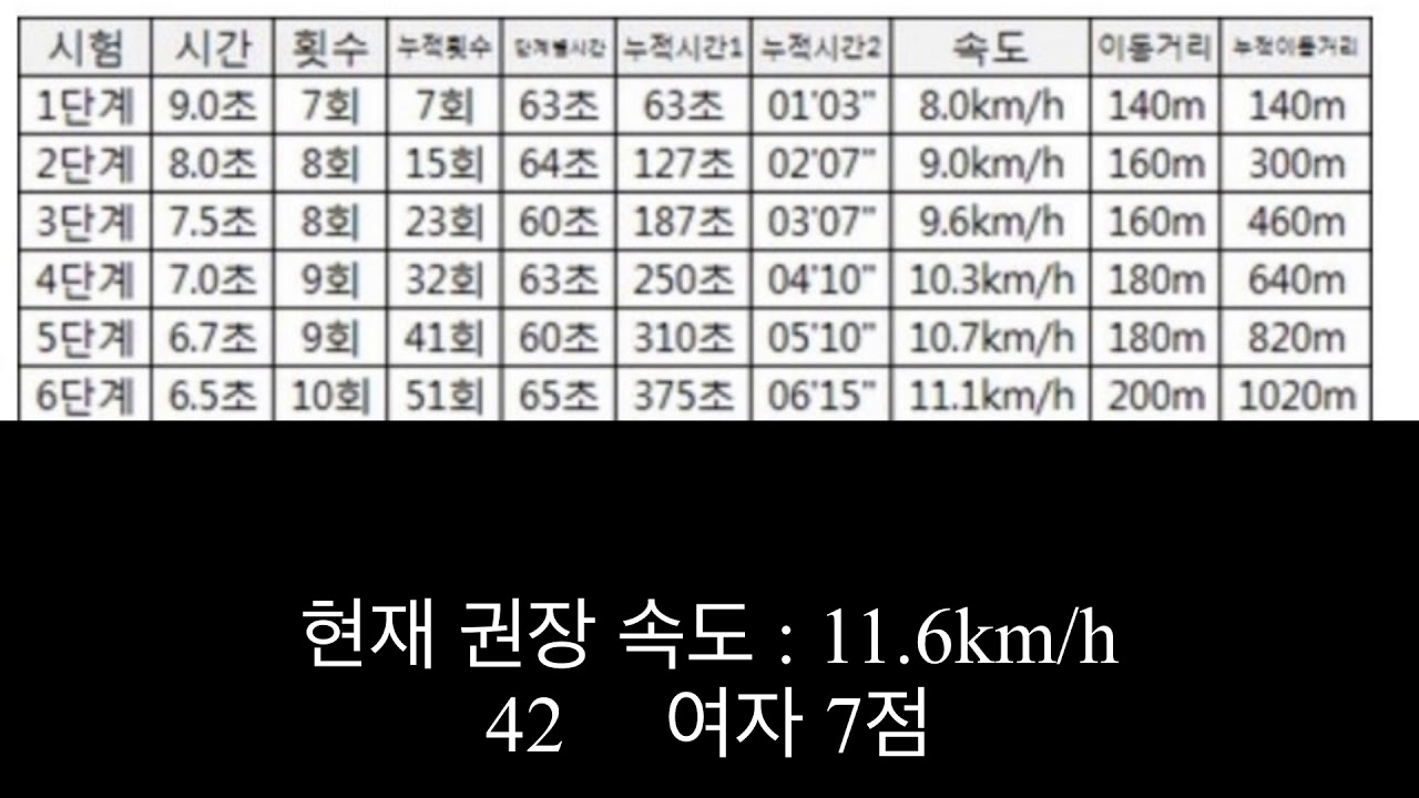 왕복오래달리기 속도표 런닝머신 훈련용 왕오달 훈련