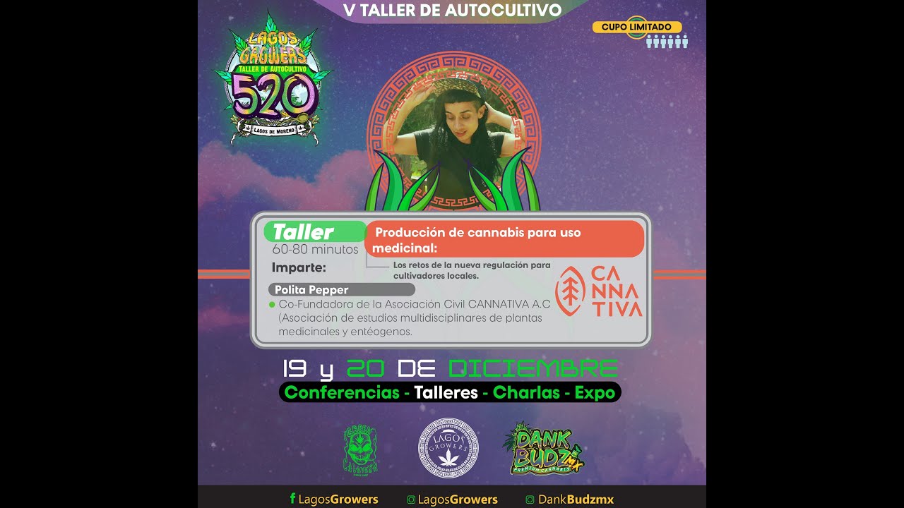Producci&oacute;n de cannabis para uso medicinal, Polita Pepper, V Taller Autocultivo Lagos Growers.