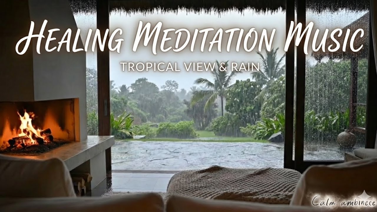 Healing Meditation Music | Tropical Rain & Fireplace |موسیقی مدیتیشن شفابخش | صدای باران استوایی