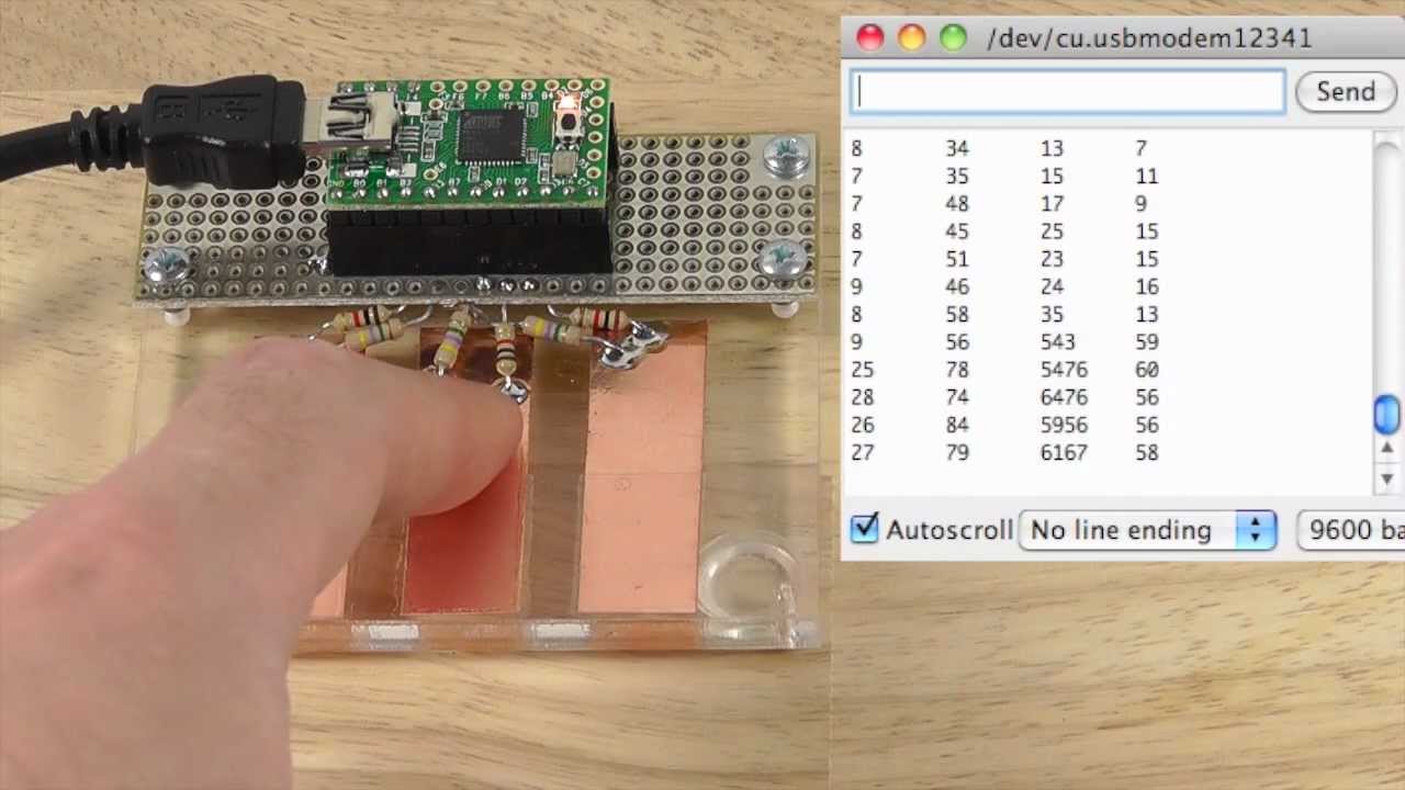 CapacitiveSensor Arduino Library, Demo on Teensy 2.0