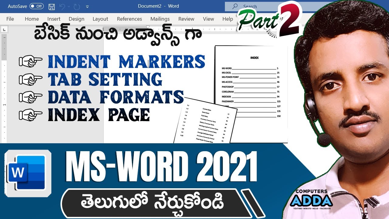 02 || Ms-Word 2021 in Telugu || Create Data Formats, Index Pages || Indents, Tab Settings, Leaders