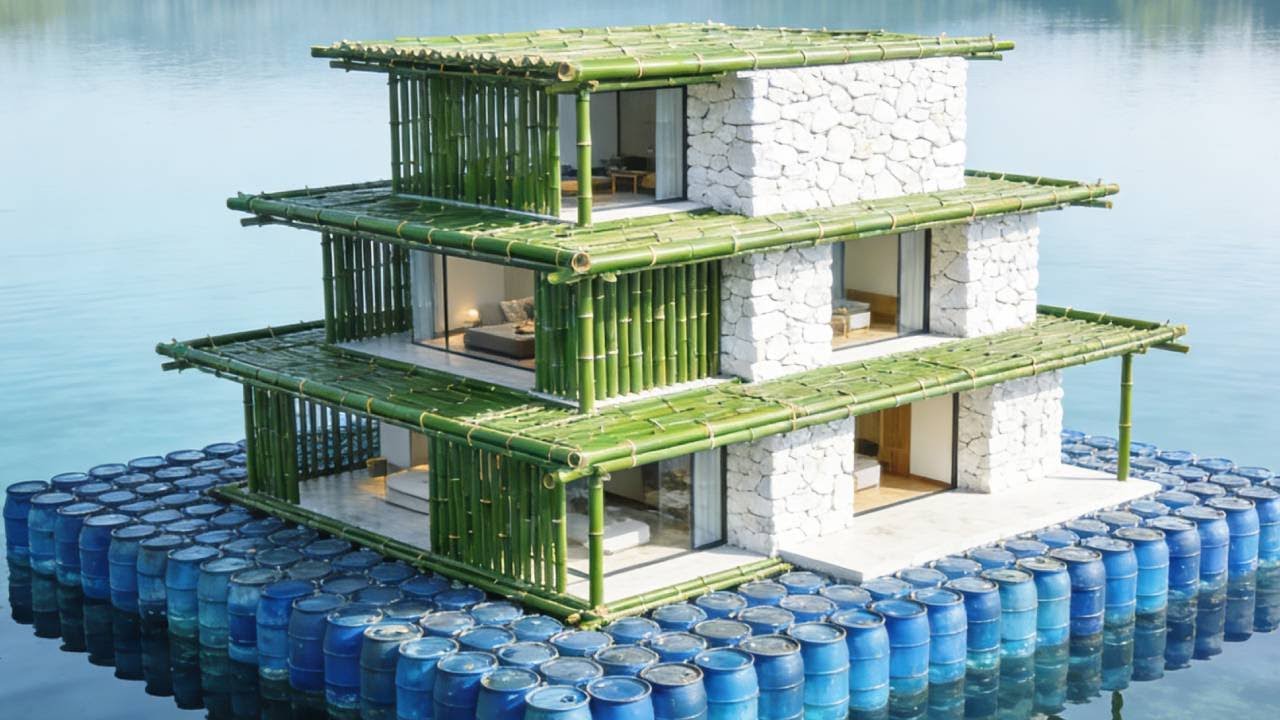A man built a luxurious floating villa in the middle of a lake using only bamboo.#diy