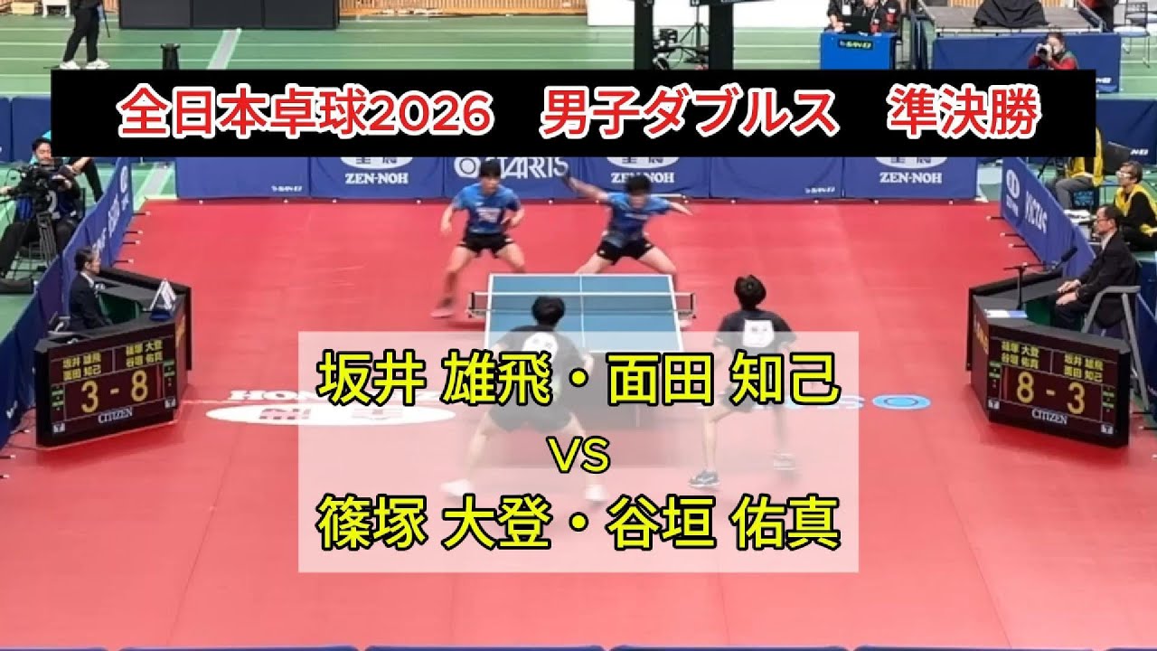 【全日本卓球2026】愛工大名電高出身４人の対決はフルゲームの死闘に!!　　坂井雄飛・面田知己（愛知工業大・愛工大名電高）vs篠塚大登・谷垣佑真（愛知工業大）男子ダブルス準決勝