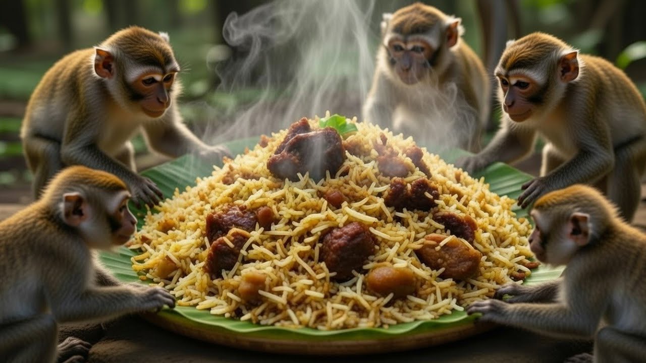 बंदरों ने मिलकर बनाई सारी मटन बिरयानी A monkey cooking food in the jungle
