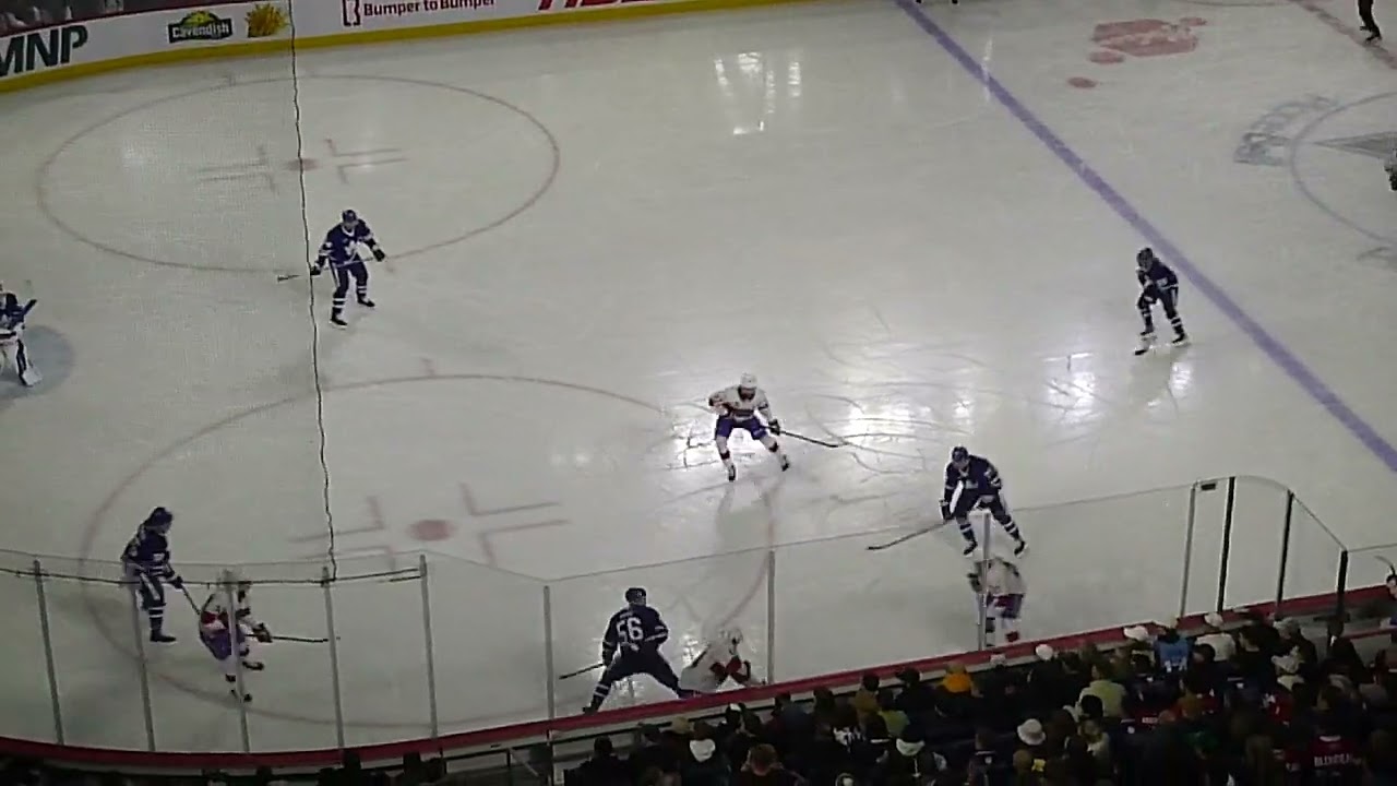 Toronto Marlies' Artur Akhtyamov makes a big save vs. Riley Kidney of the Laval Rocket 12/6/24