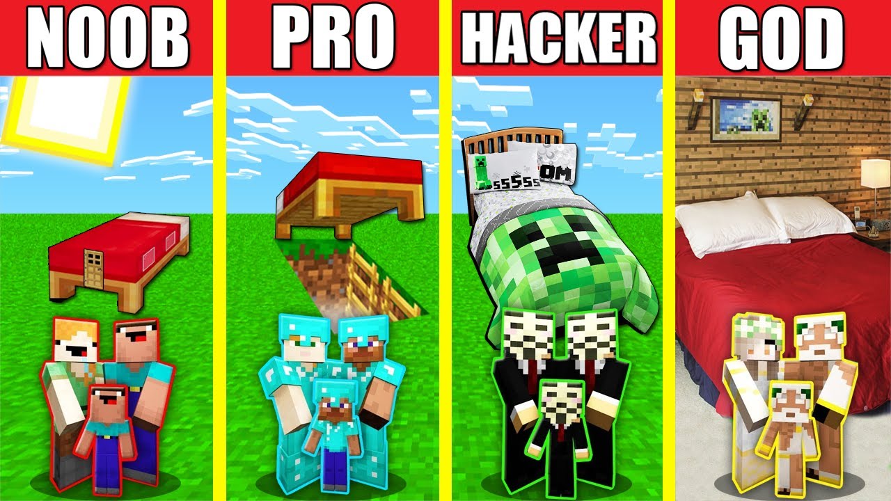 Minecraft Battle: BED HOUSE BUILD CHALLENGE - NOOB vs PRO vs HACKER vs GOD / Animation TUNNEL HOLE