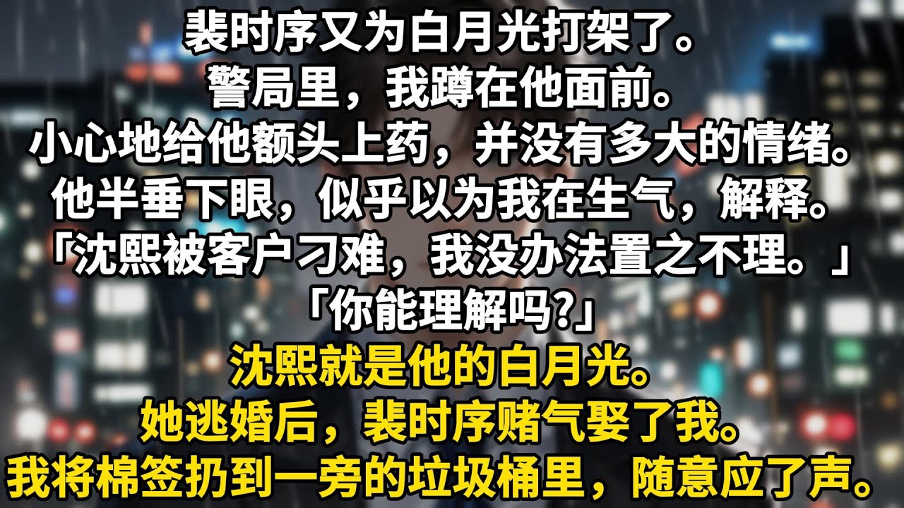 裴时序又为白月光打架了。警局里，我蹲在他面前。小心地给他额头上药，并没有多大的情绪。他半垂下眼，似乎以为我在生气。解释。「沈熙在摄影展上被客户刁难，我没办法置之不理。」「你能理解吗?」沈熙就是他的白月