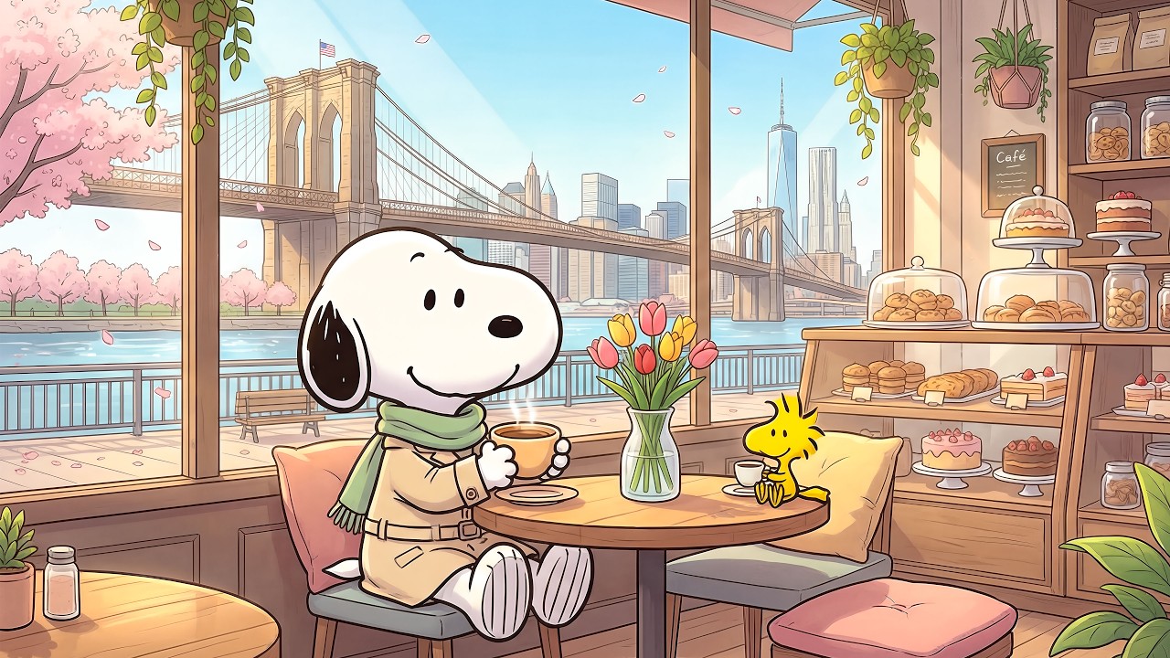 Cozy New York Caf&eacute; Session with Snoopy 🌸🌉 Relaxing Spring Jazz for Study, Work & Calm Minds
