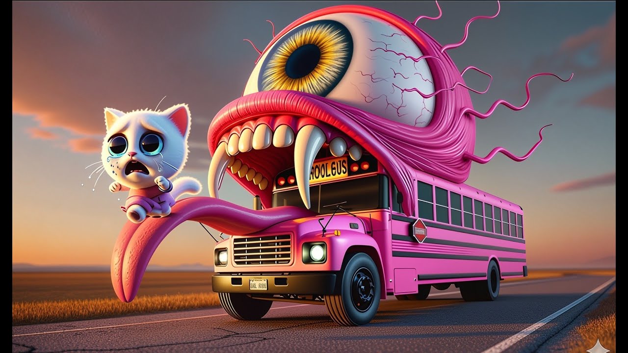 Tiny Kitten vs. Giant Glowing School Bus Pixar-Style AI Story