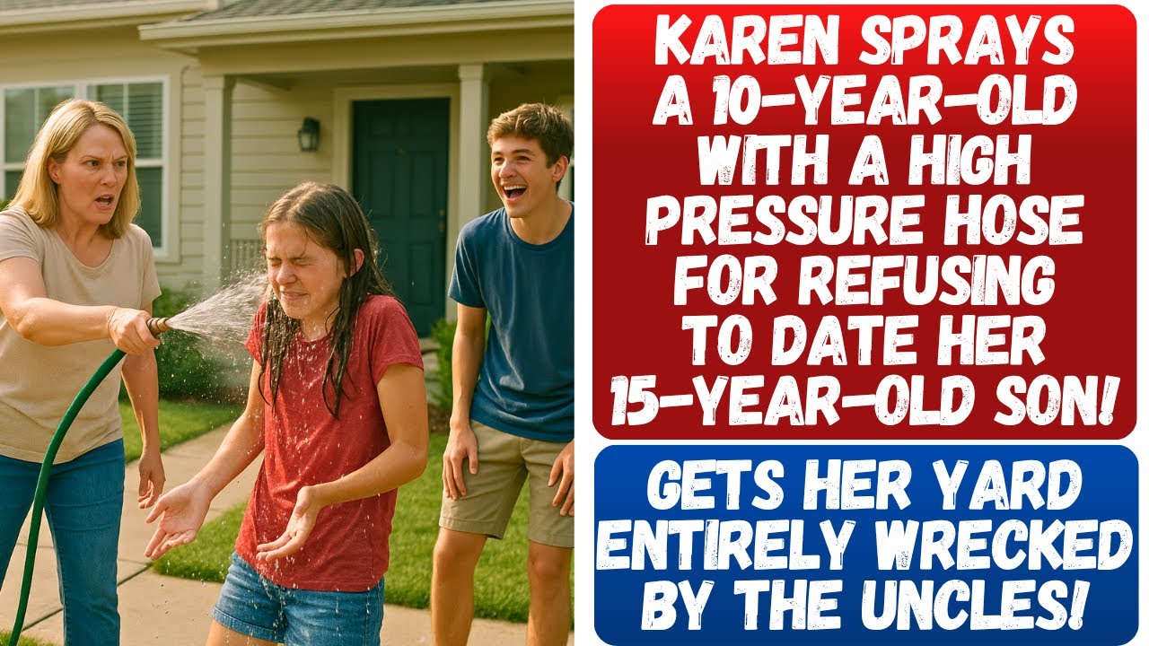 KAREN DRENCHES MY GIRL WITH HIGH PRESSURE WATER HOSE FOR NOT DATING HER SON! GETS HER YARD WRECKED!!