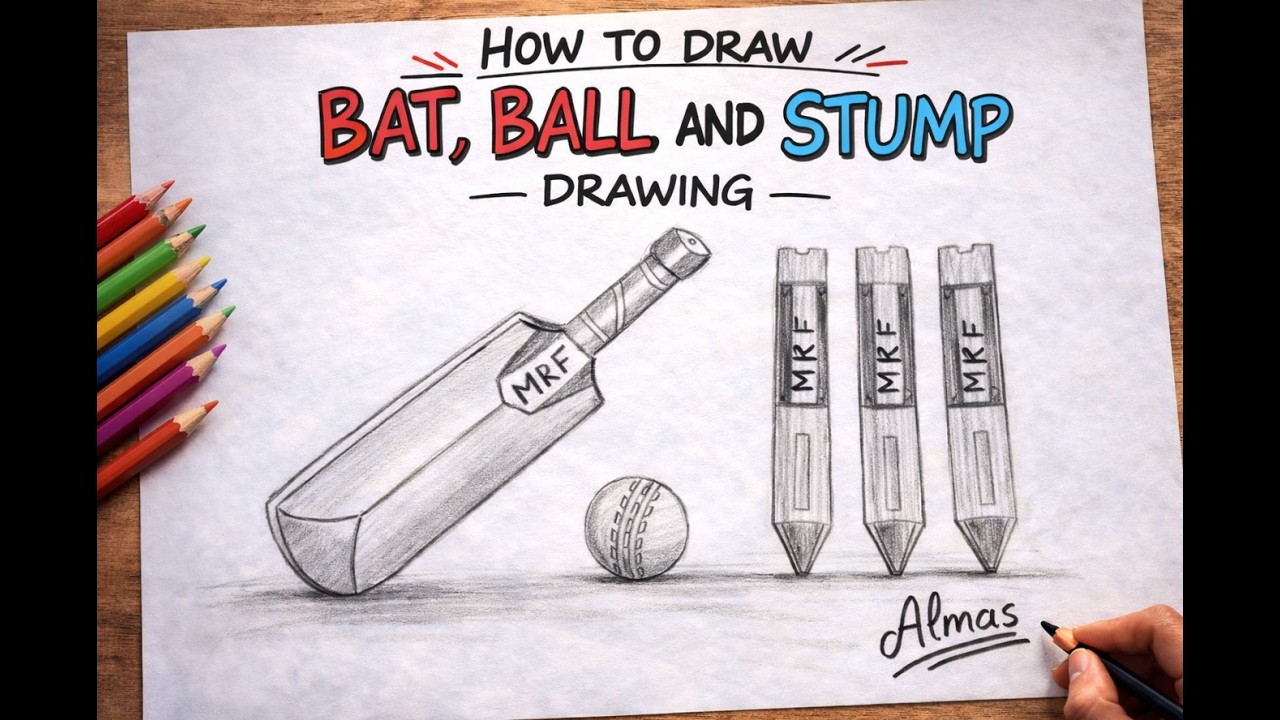 HOW TO DRAW BAT BALL  AND STUMP DRAWIN