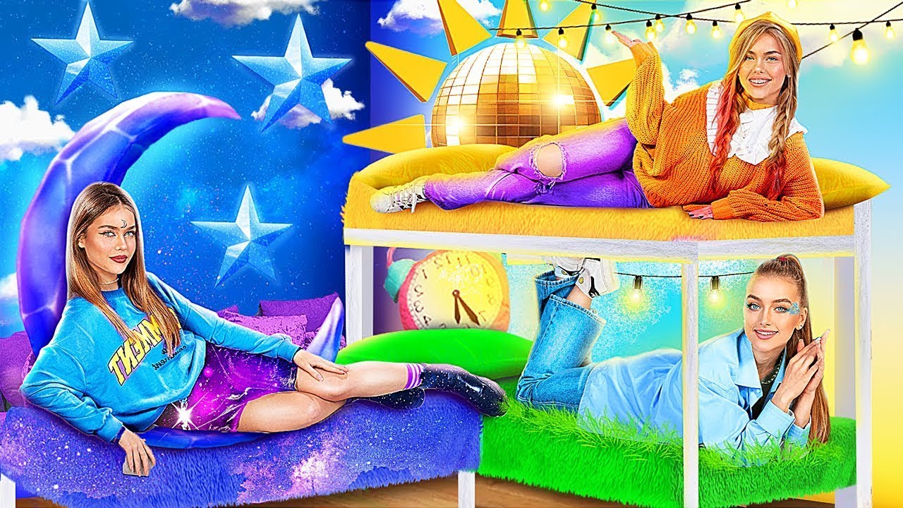 We Bouwen een Stapelbed voor een Drieling! Maan, Dag en Nacht Meisjes!