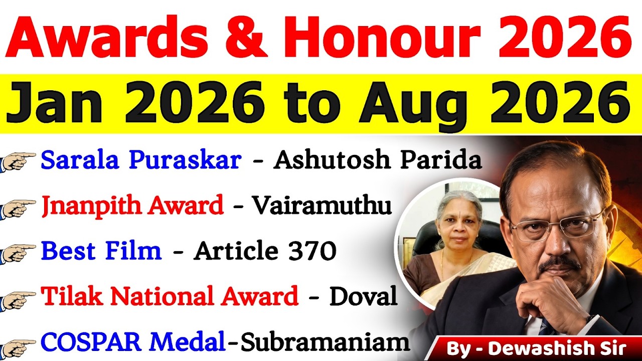 🏆 Awards & Honours 2026 🔥 | Jan&ndash;Aug 2026 Current Affairs | Complete Revision | Important Awards