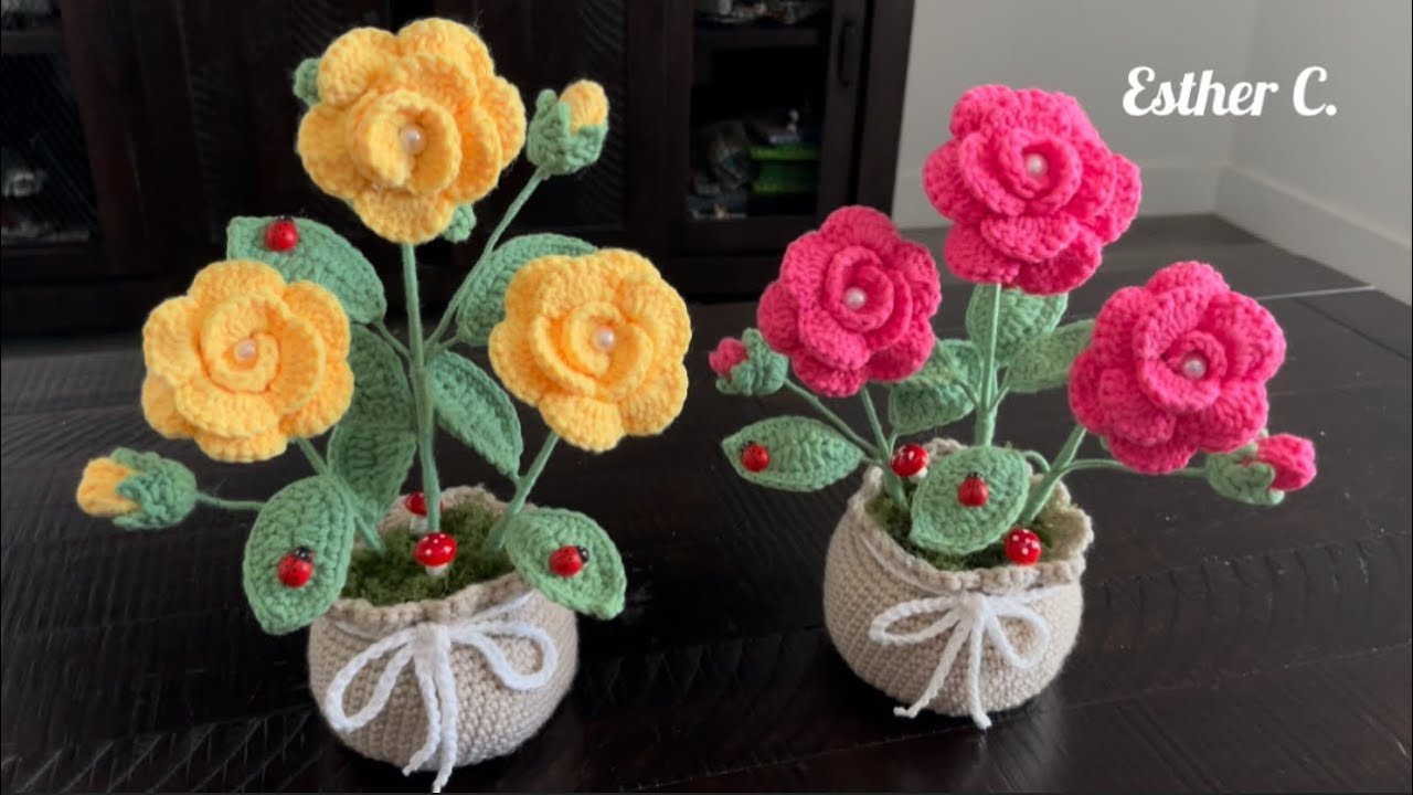 Crochet Flower Pot 🌹 How to Crochet a Rose Flower Pot  Step by Step Tutorial