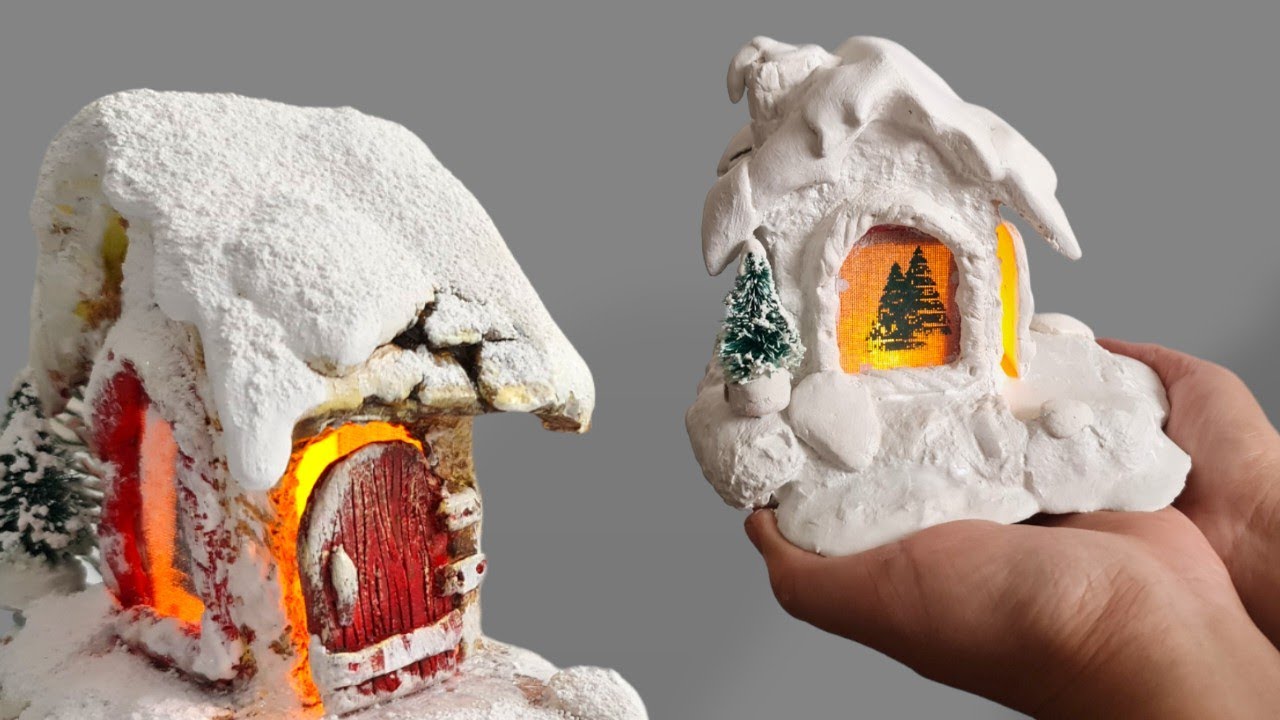 Snowy Christmas House DIY Lamps Using Tea Box and Air Dry Clay Craft Ideas