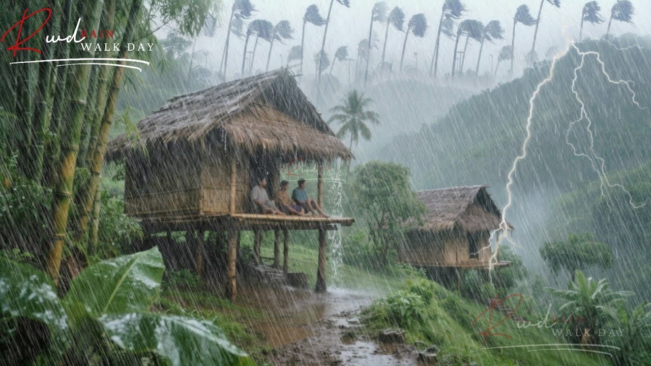 В горах ударила молния, и в деревне начался сильный ливень.