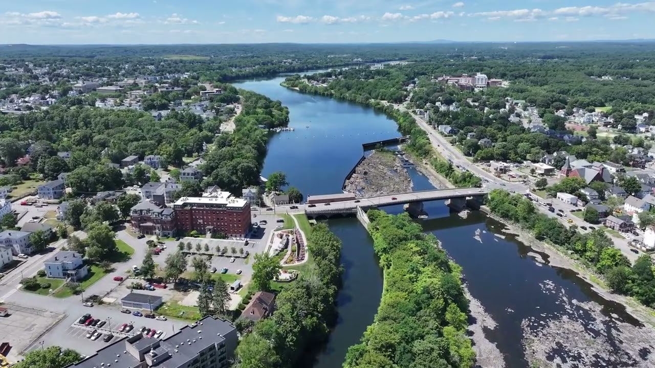Pawtucket Dam in Merrimack River Lowell MA. Drone UAV footage.
