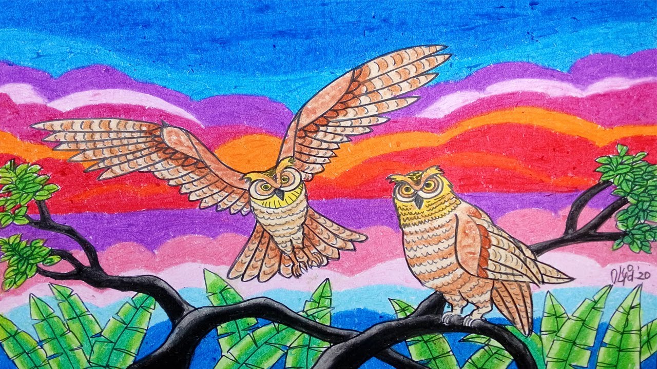 Cara Menggambar Burung Hantu - Burung Wuk - Owl Dengan Crayon/Oil Pastel