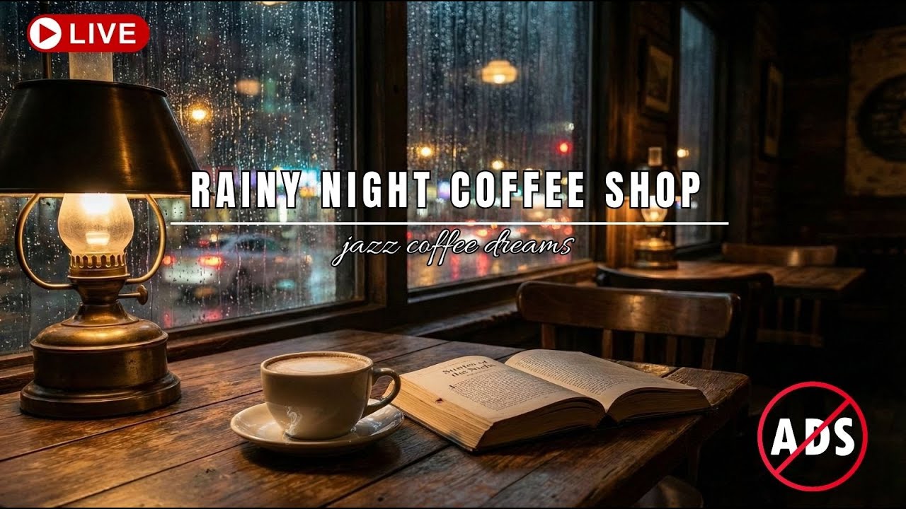 🔴 LIVE Rainy Night Coffee Shop🌧️ Smooth Jazz, Cozy Window & City Lights