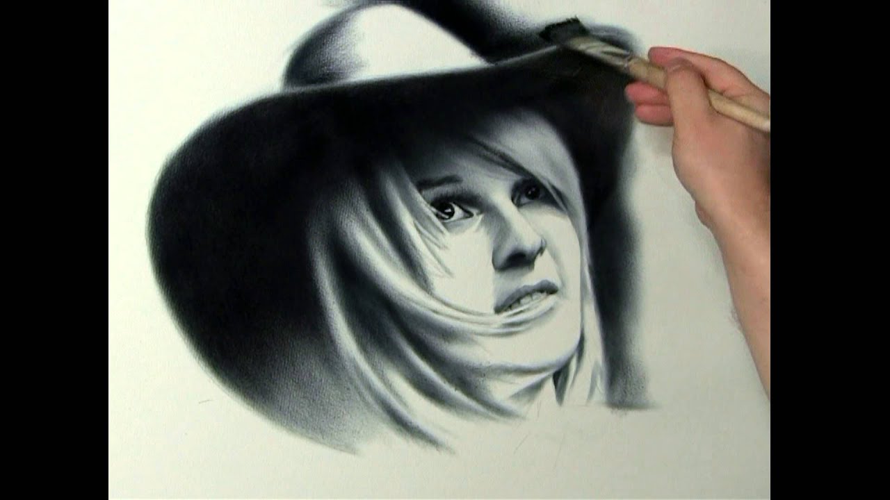 Portrait Drawing Girl in a hat on a black background. Portrait Commission by Dry Brush