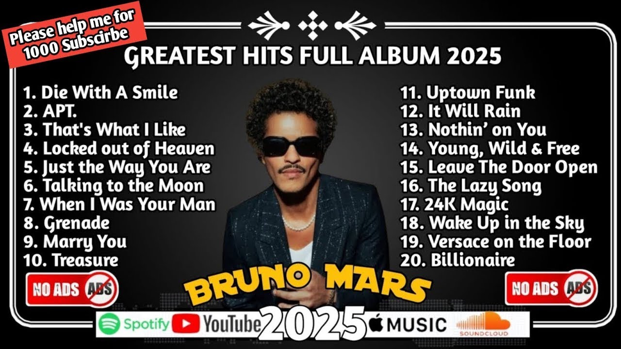 No Ads  Bruno mars 2025 - Top 20 Hits Playlist - Based on Latest Spotify daily streaming