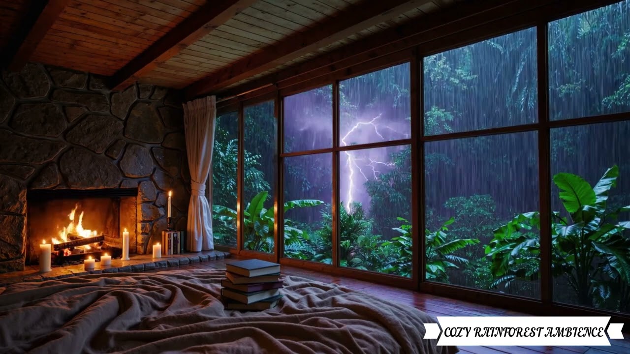 Tropical Rainforest Cabin at Night 🌧 | Rain, Thunder & Fireplace Ambience for Deep Sleep