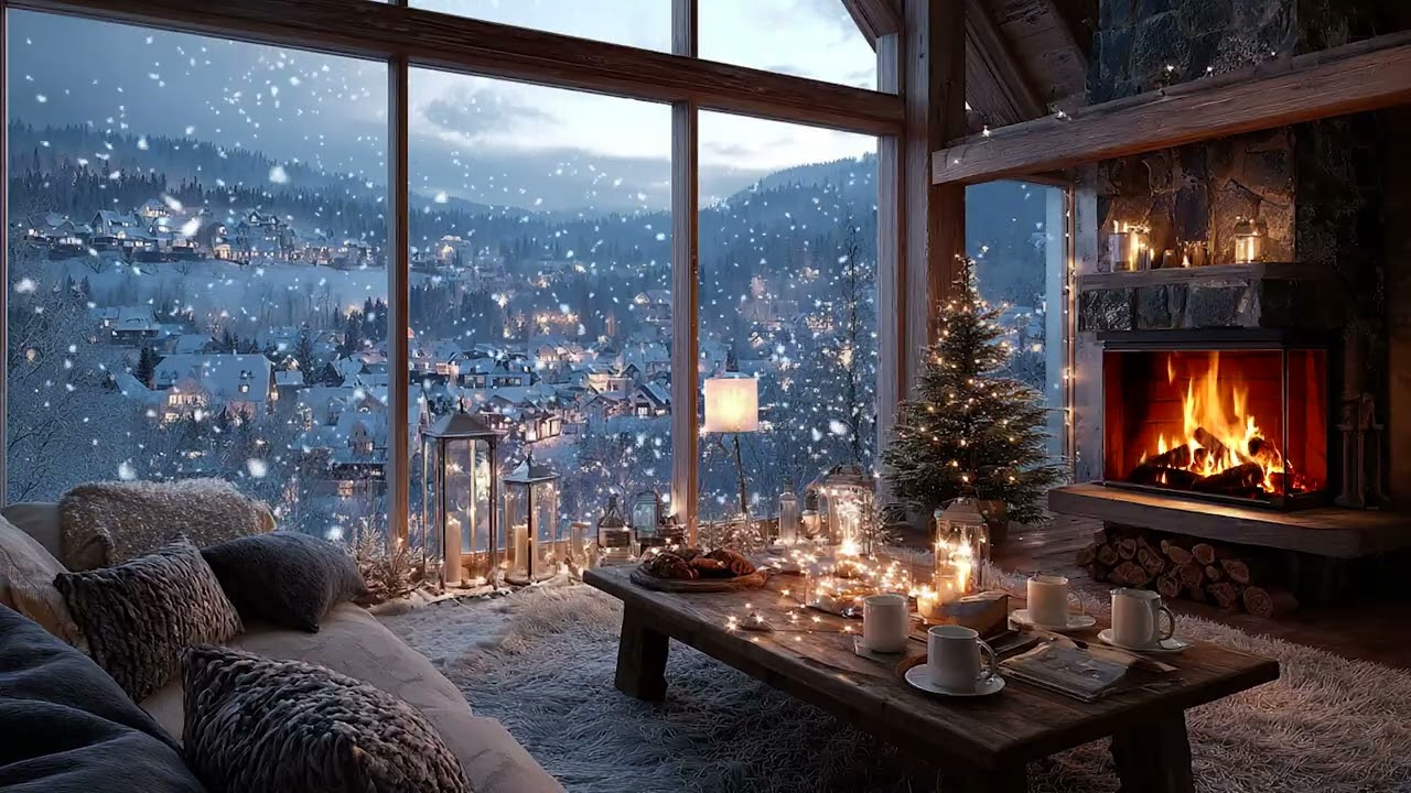 Snow Storm Cabin Piano Night | Warm Fireplace Light for Deep Relaxation