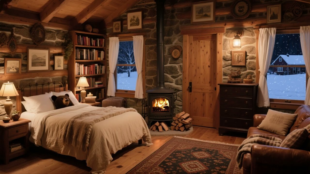 Peaceful Winter Nights: Crackling Fireplace & Howling Storm for Deep Sleep & Anxiety Relief