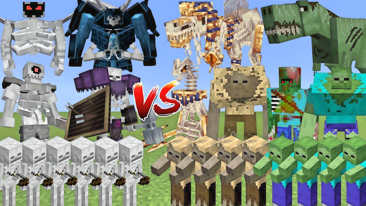 Альянс скелетов против альянса зомби и мобов в Minecraft.