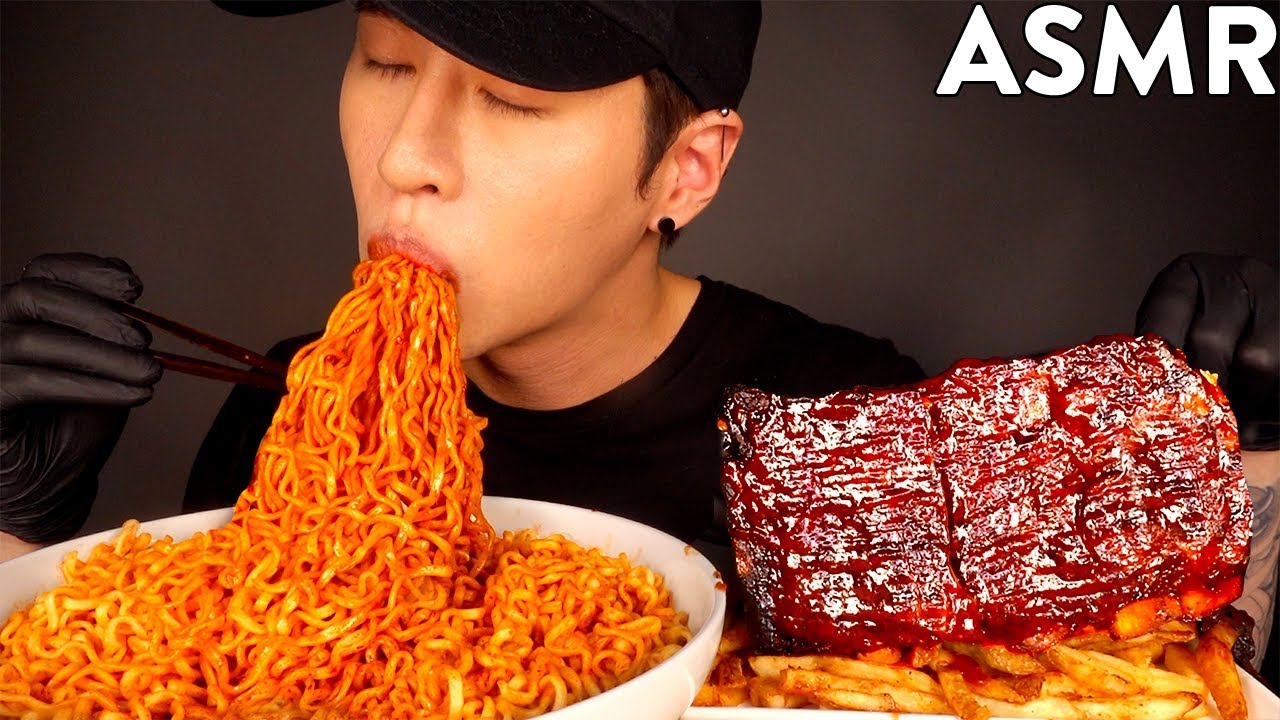 ASMR NUCLEAR FIRE NOODLES & BBQ BABY BACK RIBS MUKBANG (No Talking) COOKING & EATING SOUNDS