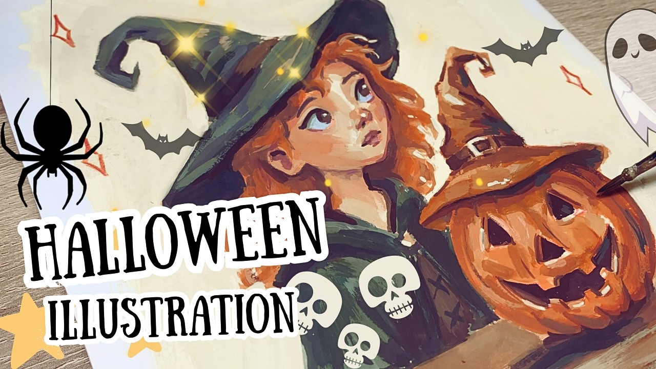 Рисуем уютную иллюстрацию к Хэллоуину 🎃 | РИСУНОК ГУАШЬЮ 🍂💛