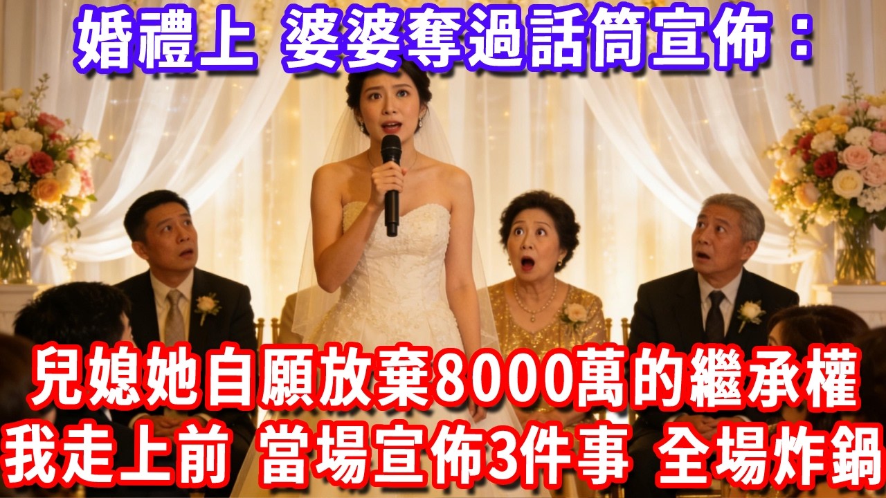 婚禮上，婆婆奪過話筒宣佈：兒媳說她自願放棄8000萬的繼承權，我走上前，當場宣佈3件事，全場炸開鍋！#深夜講故事#為人處世#生活經驗#情感故事#故事#小說#戀愛#情感#婚姻