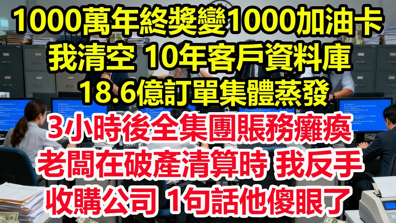 1000萬年終獎變1000加油卡，我清空 10年客戶資料庫，18.6億訂單集體蒸發，3小時後全集團賬務癱瘓，老闆在破產清算時，我反手收購公司1句話他傻眼了！#情感 #爽文 #職場 #生活 #總裁