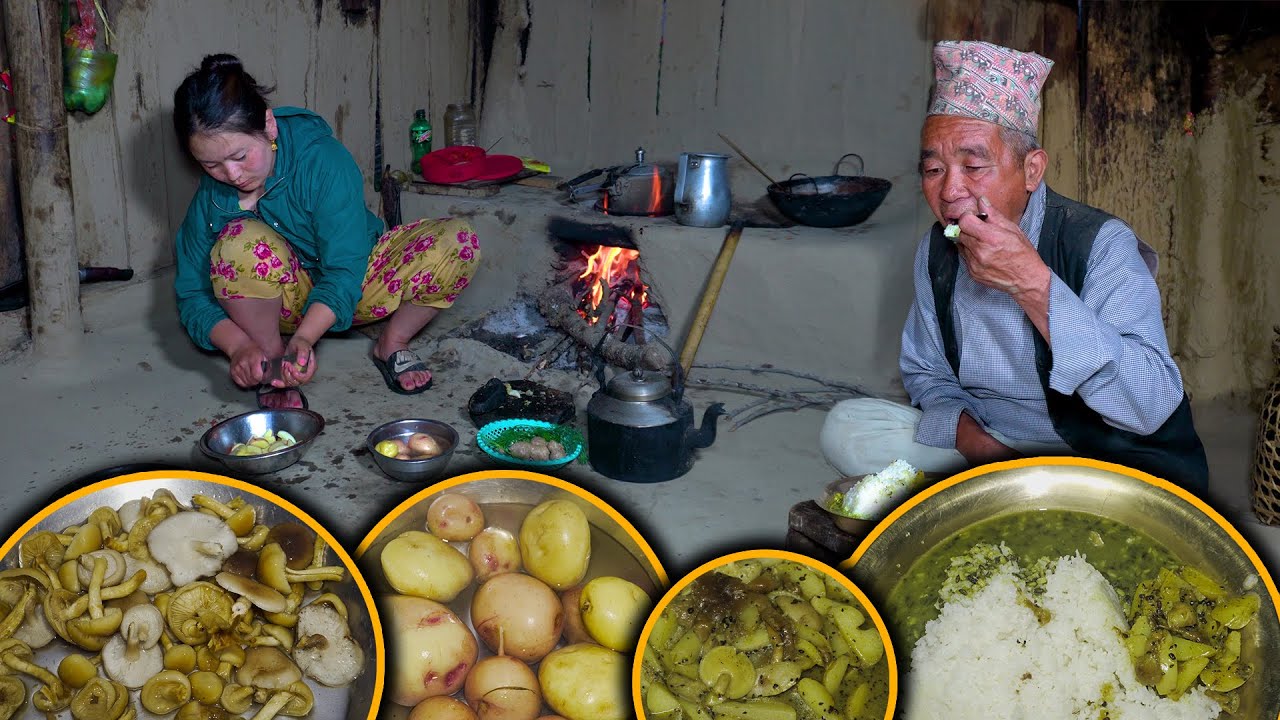 Jungle Mushroom and Potato Mix Recipe with Rice cooking & Eating | Nepali Chyau | local village food