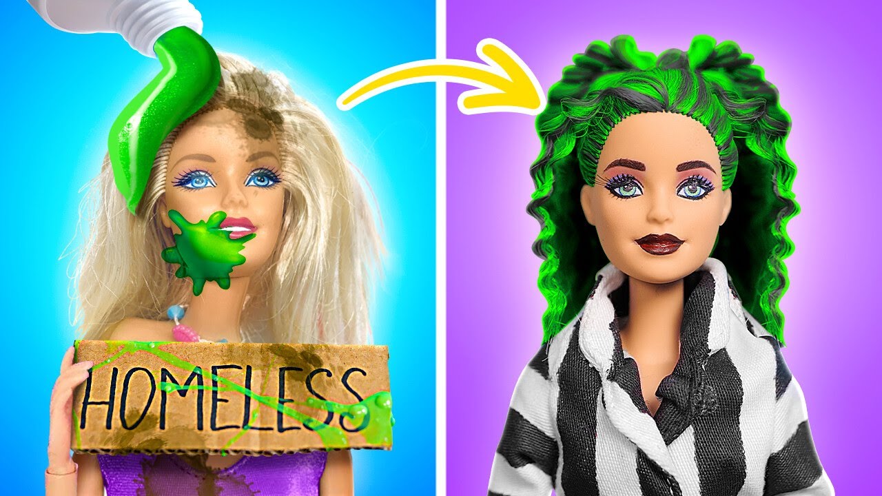 Van arme Barbie naar rijke Beetlejuice pop Makeover! SCHOONHEIDSHACKS van 123 GO!