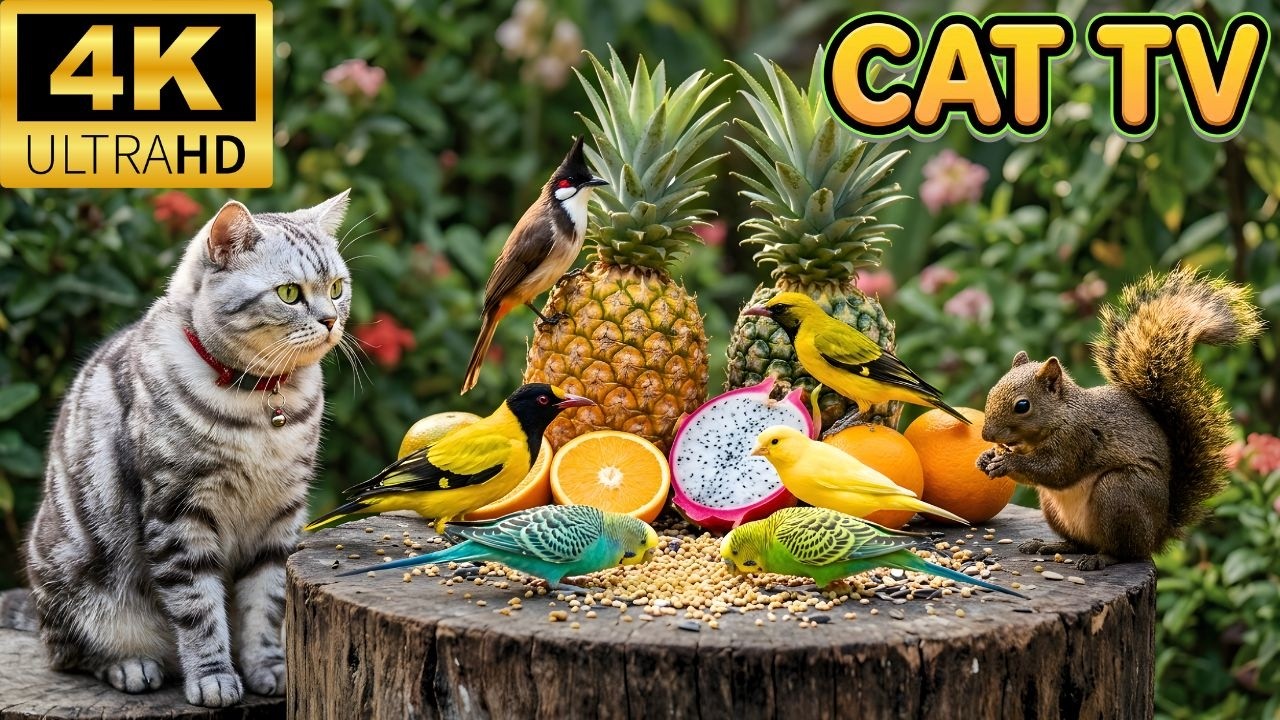 Cat TV for Cats to Watch 😺 Colorful Birds & Hungry Squirrels Garden Feast 🐦🐿️ 4 Hours 4K HDR