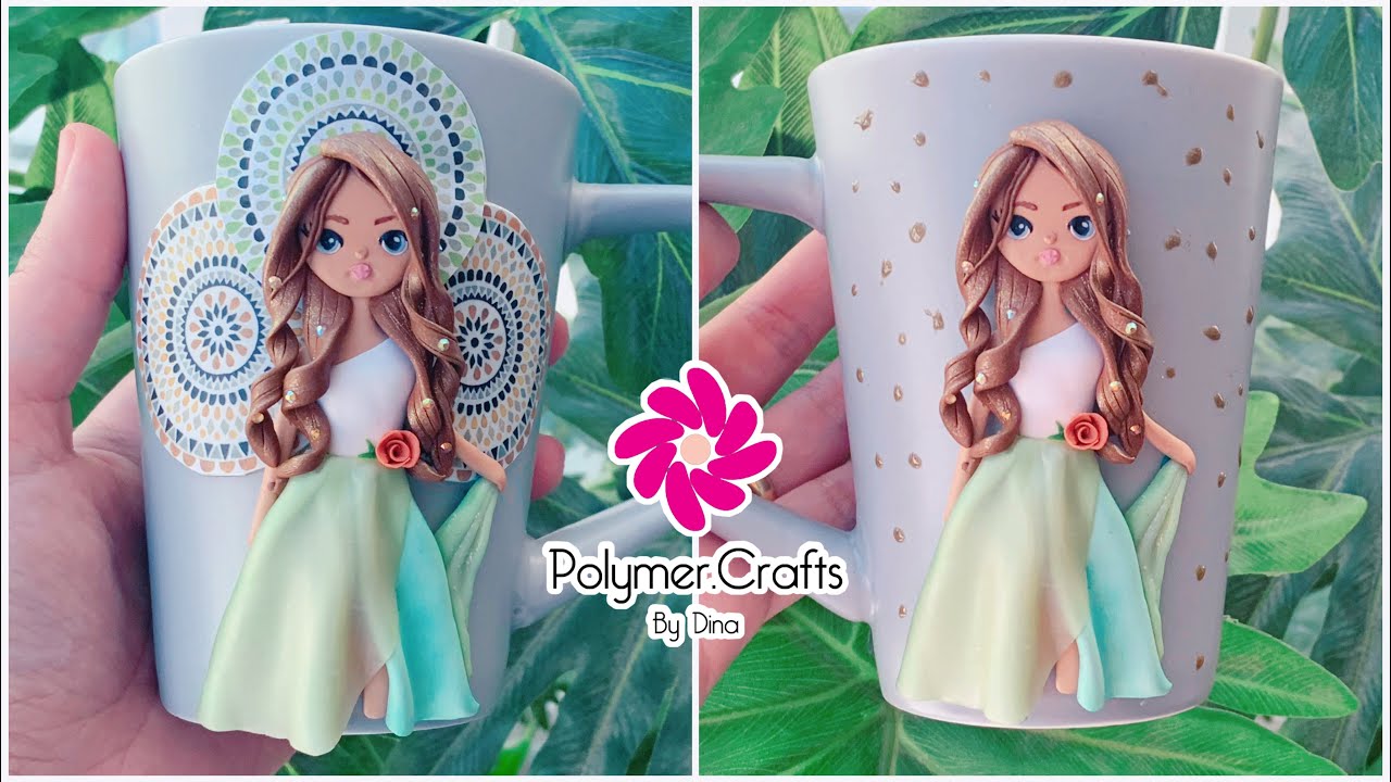 Eng sub.! Polymer clay girl with transparent skirt on a mug-طريقة بنوتة بجيبة شفافة بالصلصال الحراري