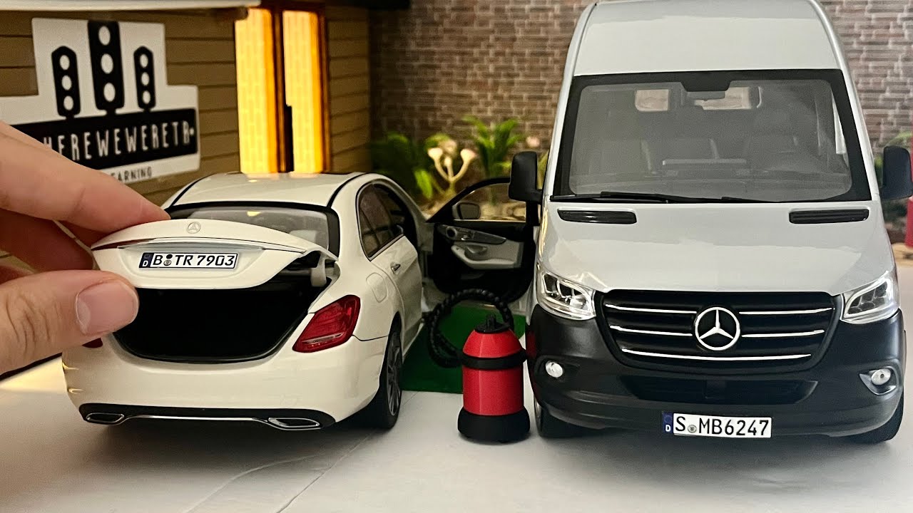 Седан работает с гигантским фургоном | Литые модели автомобилей Mercedes-Benz C-Class и Sprinter