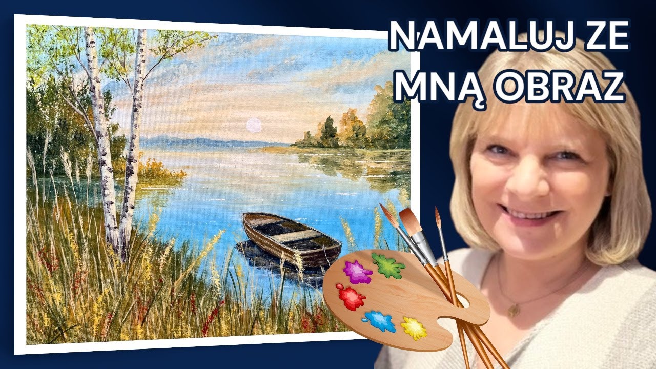 Jak namalować pejzaż z jeziorem i łódką, malowanie akrylem krok po kroku