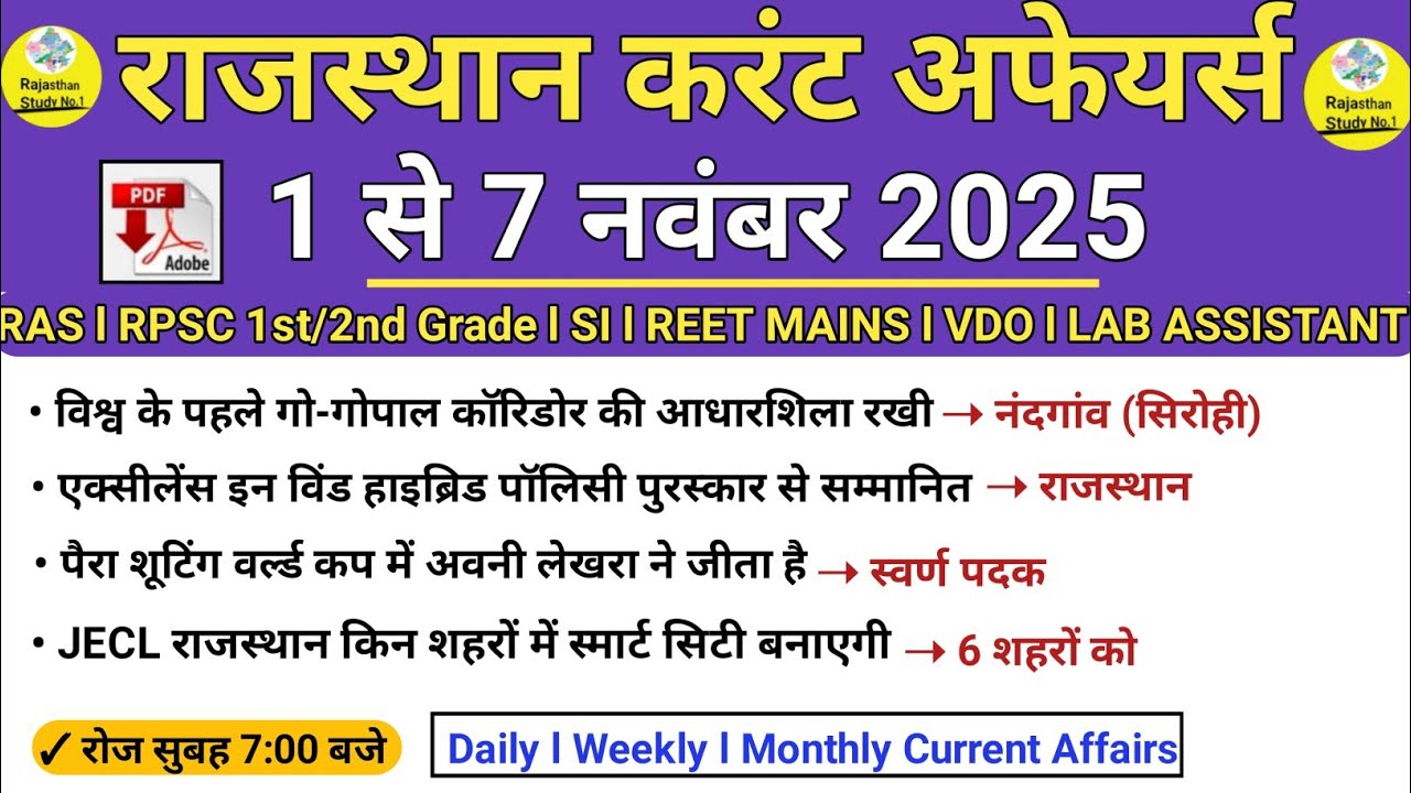 1 To 7 November 2025 Rajasthan Current Affairs in hindi l Today Current Affairs l RAS l SI l REET 