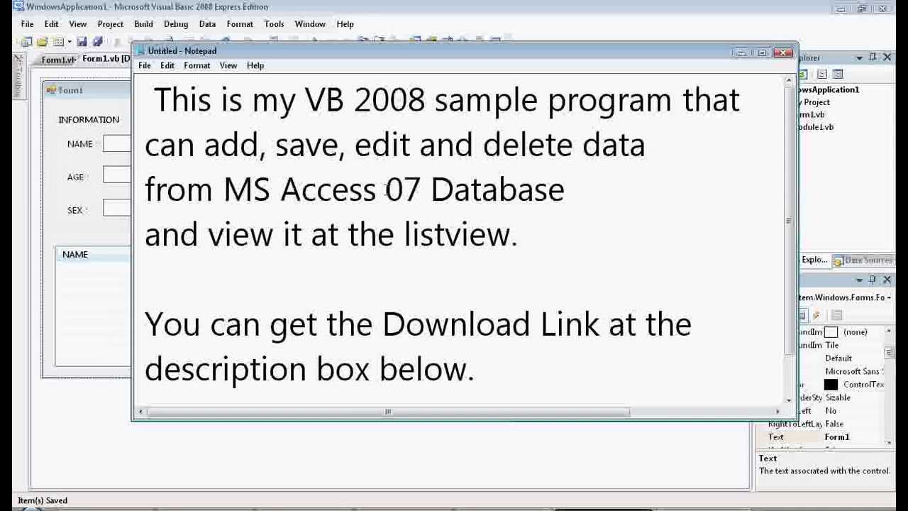 Visual Basic 2008 / VB 2008 Tutorial Add, Save, Edit, Search, Delete from MS Access 07 with listview
