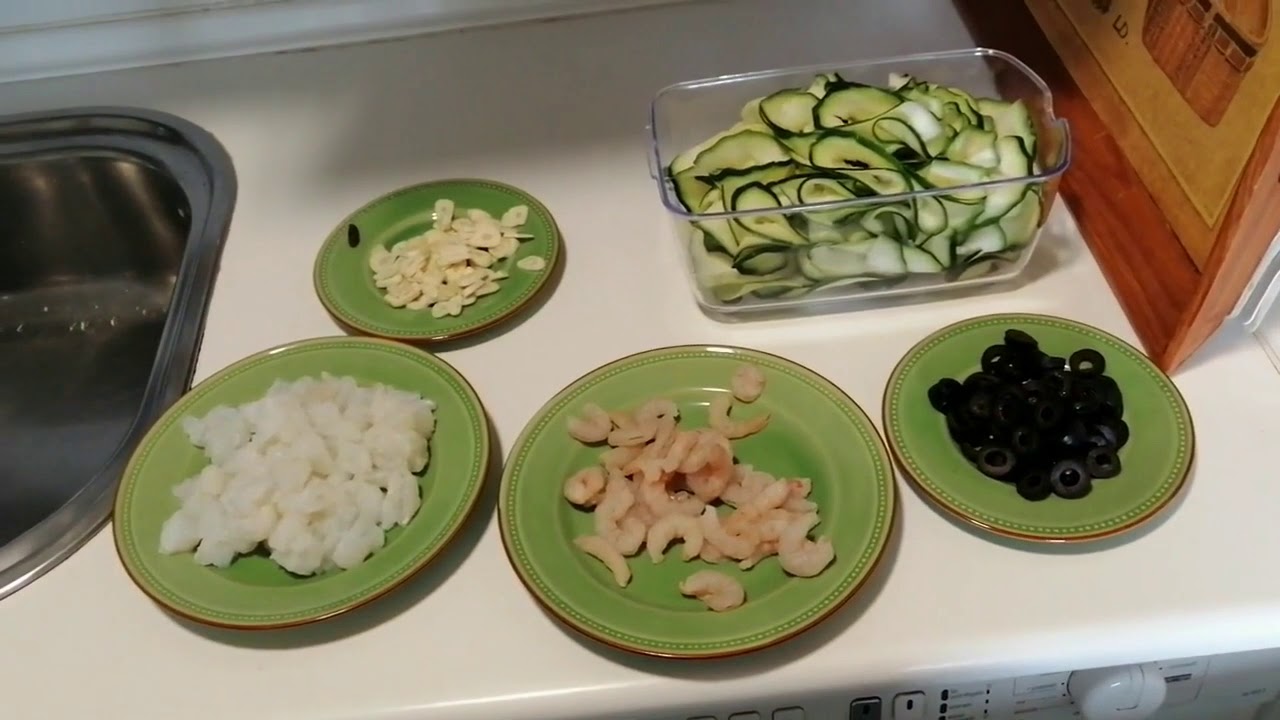 Calabaguetis con bacalao y gambas