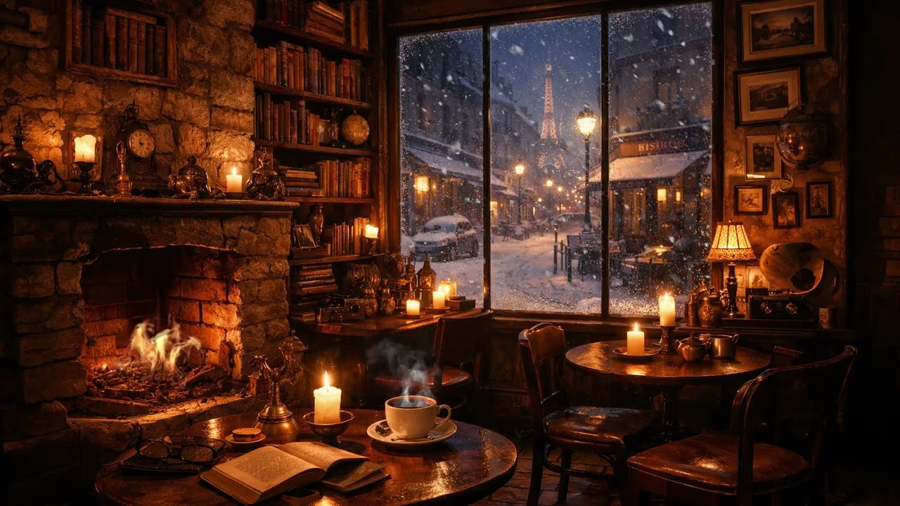 Snowy Paris Jazz Café ☕ Fireplace Ambience with Soft Jazz for Study & Relaxation