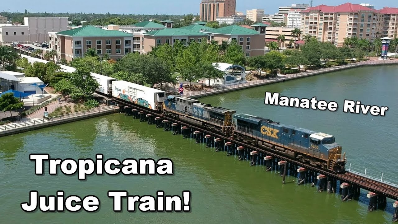 CSX Tropicana Train on Manatee River Bridge! (Drone video)