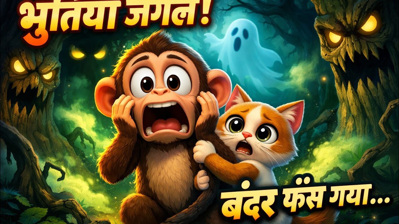 👻 भूतिया जंगल! बंदर फँस गया 😱 | Bandar Billi Ki Darawani Kahani | Kids Cartoon Story