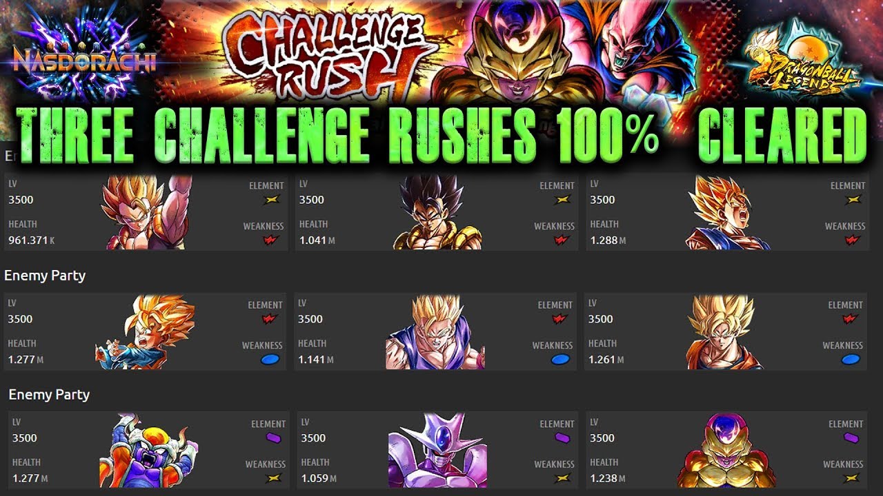 CHALLENGE RUSH - Yellow, Red, Purple Stages 100% CLEAR GUIDE! Super Boss Fights! DB Legends