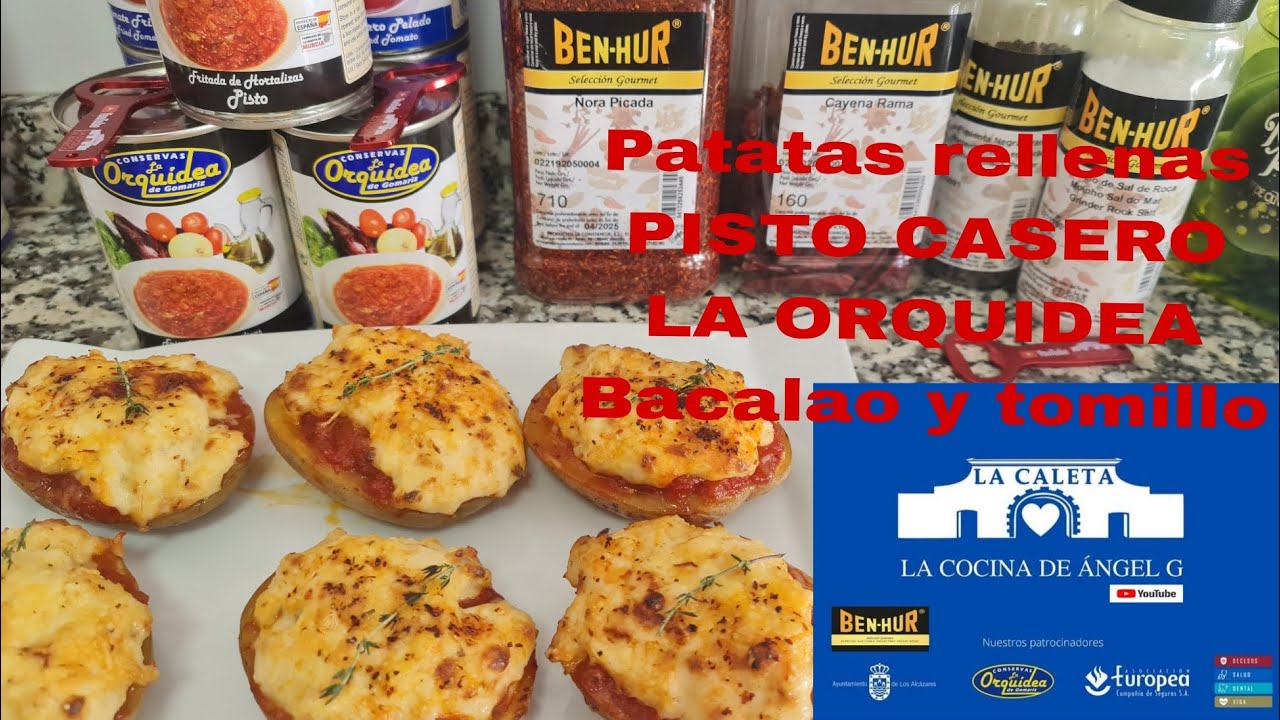 Patatas rellenas de pisto casero LA ORQUÍDEA con bacalao y tomillo fresco