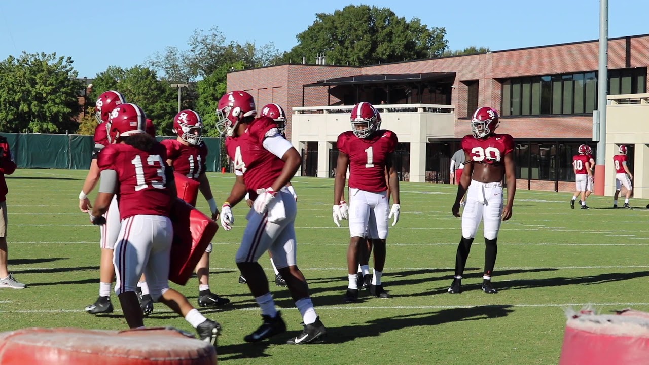 Alabama's outside linebackers work on run reads and taking on pulls